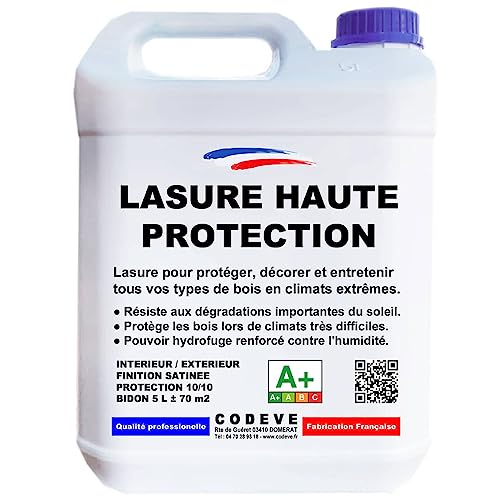 Lasure Haute Protection - Codeve Bois/Chêne moyen - 5L - Intérieur/extérieur - Pour Une Protection Optimum De Vos Bois En Climat Extrême.