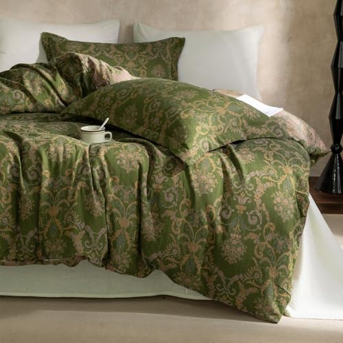VM VOUGEMARKET Olive Green Duvet Cover Set King,Reversible Medallion Flower Print Bedding Set Linen Cotton Yarn-Dyed Textured Bohemian Duvet Cover with Zipper Closure