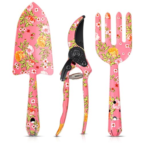 Teenyyou 3 Pcs Pink Floral Gardening Tools Set Flower Garden Tool Set for Outdoor, Gardening Kit for Women Garden Hand Tools Set with Pruner, Trowel, Rake, Christmas Gardening Gifts for Women