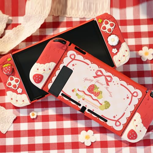 Geekshare Protective Case For Switch Slim Cover Case Compatible With Nintendo Switch Separable Soft Silicone Protective Shell For Joy Con With 2 Thumb Grip Caps- Strawberries With Cream thumb #6