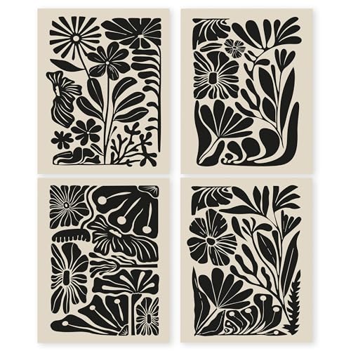 HRQKO Boho Black Abstract Flowers Wall Art Poster Prints Set of 4, Botanical Wall Art, Vintage Botanical Artwork Prints Posters Wall Decor, Bohemian Floral Prints for Home Living Room 8”x10” Unframed