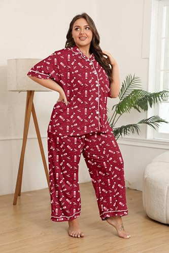 Image of Vozanet Women's Plus Size Pajamas Button Down Shirt and Pants Soft Lounge Sets Bride Nighty Bottom with Pockets 1x to 5x