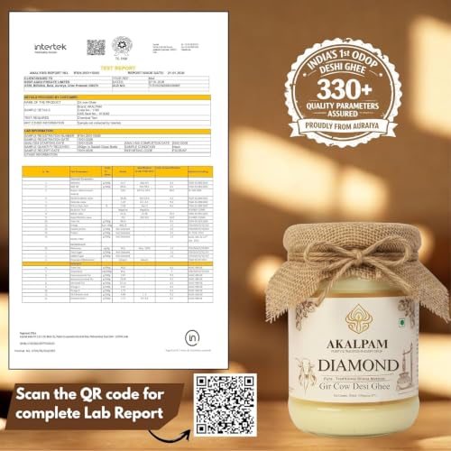 Image of Akalpam Diamond A2 Gir Cow Ghee 500ml | Bilona Churned Desi Ghee | Grass Fed Gir Cow Milk | 330+ Lab Tested | Pure Natural A2 Ghee | Glass Jar | Traditional Vedic Bilona Method | No Preservatives
