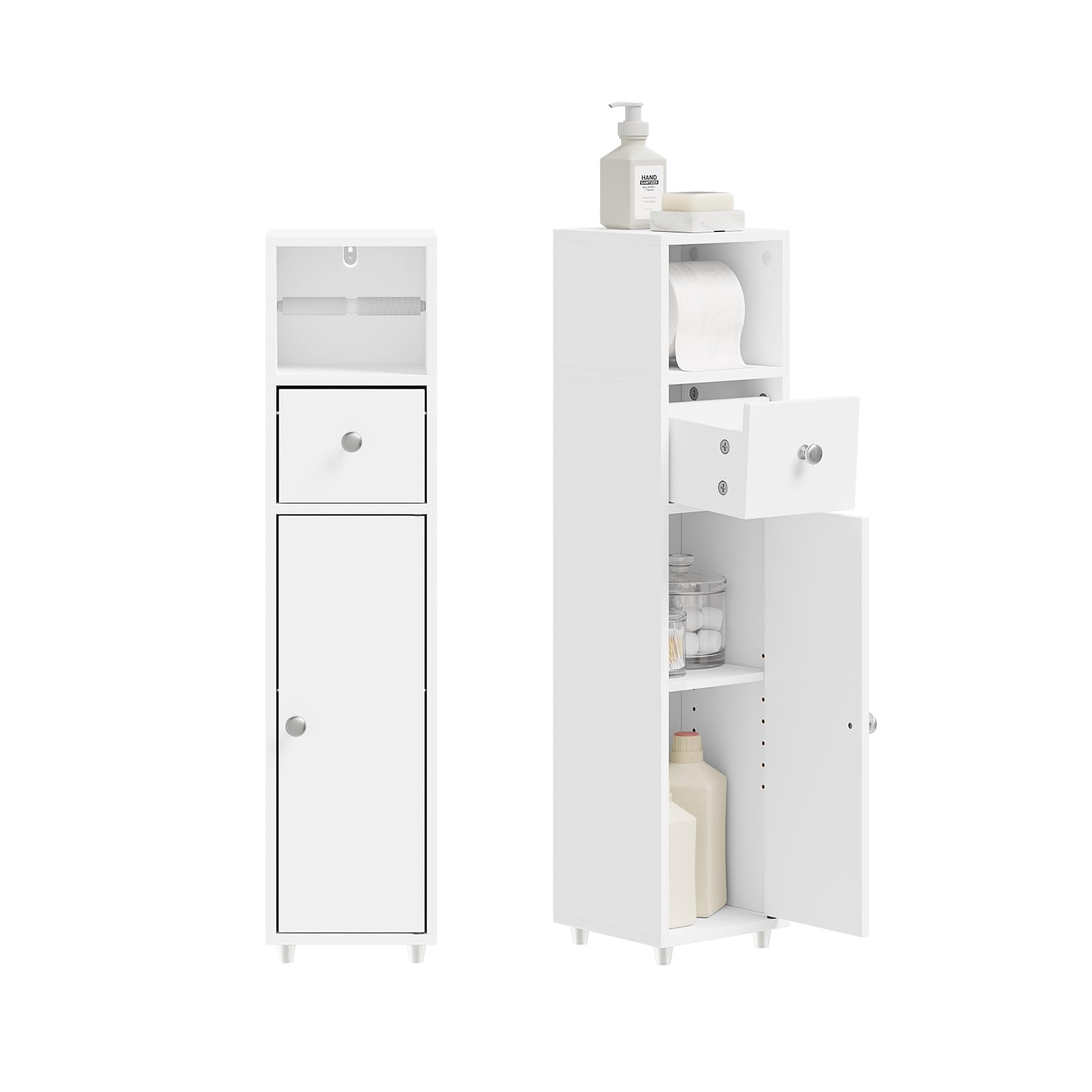 SoBuy Mobile Bagno Salvaspazio 20cm con Porta Carta Igienica per WC | Mobiletto Bagno Stretto e Cassetto Armadietto Bianco a Terra per Piccoli Spazi Cassettiera Sottile BZR219-W
