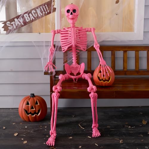 Image of JOYIN 5.6 FT Halloween Posable Skeleton Life Size, Giant Outdoor Yard Skeletons, Pink Plastic Skeleton with Movable Joints for Haunted House Props, Halloween Decorations, Spooky Scary Skeletons Party