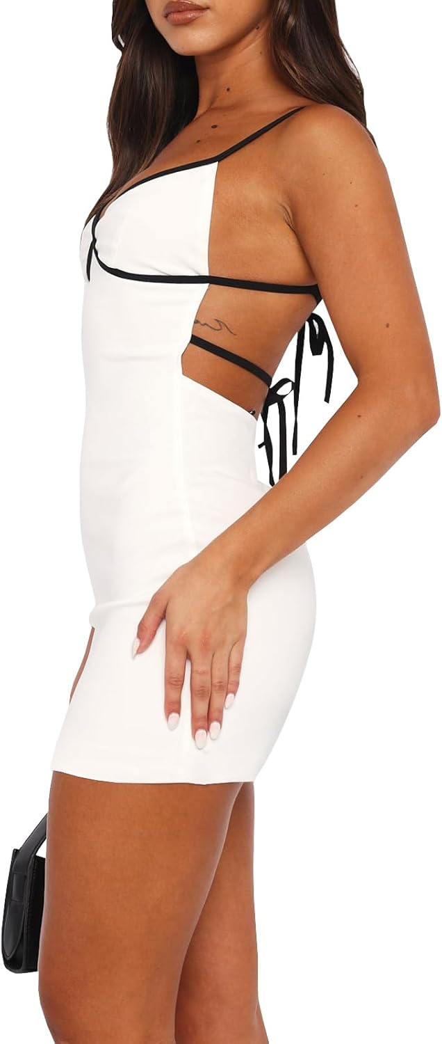 Women Backless Spaghetti Strap Mini Bodycon Dress Sexy Tight Stretchy Party Club Mini Dresses - Image 3