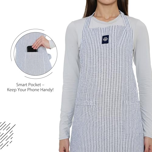 Image of Encasa XO Cotton Cooking kitchen Apron for Women and Men chef apron With adjustable neckstrap, Pocket & Towel Holder for Easy cooking, Baking, BBQ, Gardening- Ticking Black, 68x85 cm