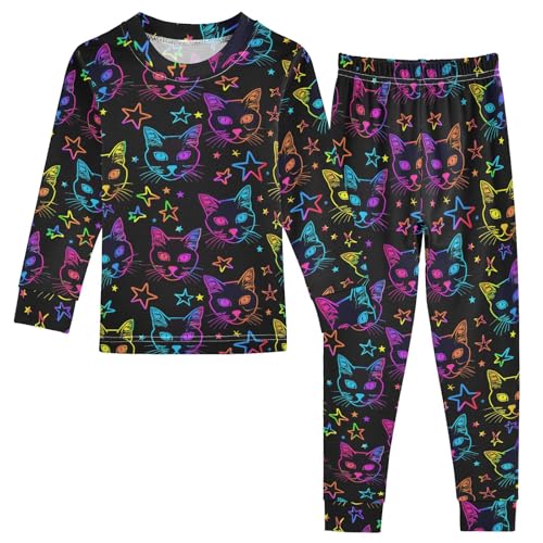 Neon Cartoon Cats Stars Cute Pajama Sets Long Sleeve Top and Pants, Snug Fit Sleepwear for Night Wears