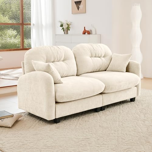 Image of KEIKI 74 inch Oversized Chenille Modular Sectional Loveseat Sofa with High-Density Foam Cushions and Tufted Pleated Cushion Backrest, Upholstered 2-Seater Cloud Couch with 2 Pillow, for Living Room, Beige