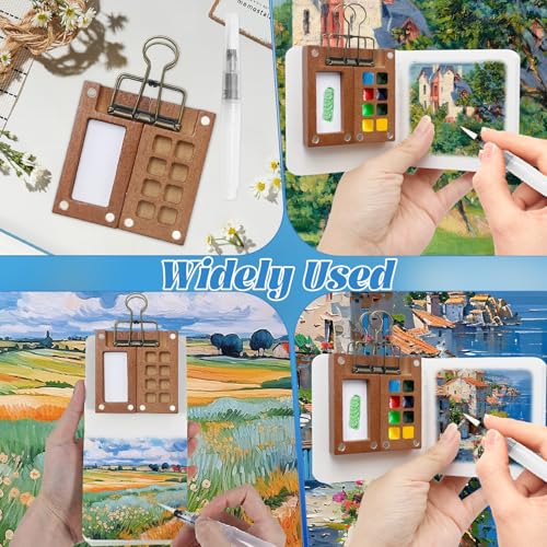 Mini Aquarell Set, Taschen-Aquarellset inklusive Skizzenbuch und Holzpalette mit 8 Fächern, Aquarellpapier-Tagebuch, Stifte und Klemmen für Schüler, Maler und Künstler