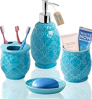Comfify Bathroom Designer 4-Piece Ceramic Bath Accessory Set - Includes Liquid Soap or Lotion Dispenser w/Toothbrush Holder, Tumbler, Soap Dish - Moroccan Trellis - Bath Accessories Set - Holds 461ml