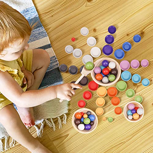 Tengzhen Montessori Balls In Dishes Toy Wooden Color Sorter Game 36 Balls 3 Bowl Color Sorting And Preschool Learning Education Fine Motor Skill Toys For Toddlers Counting Toys(Rainbow) #TOP6