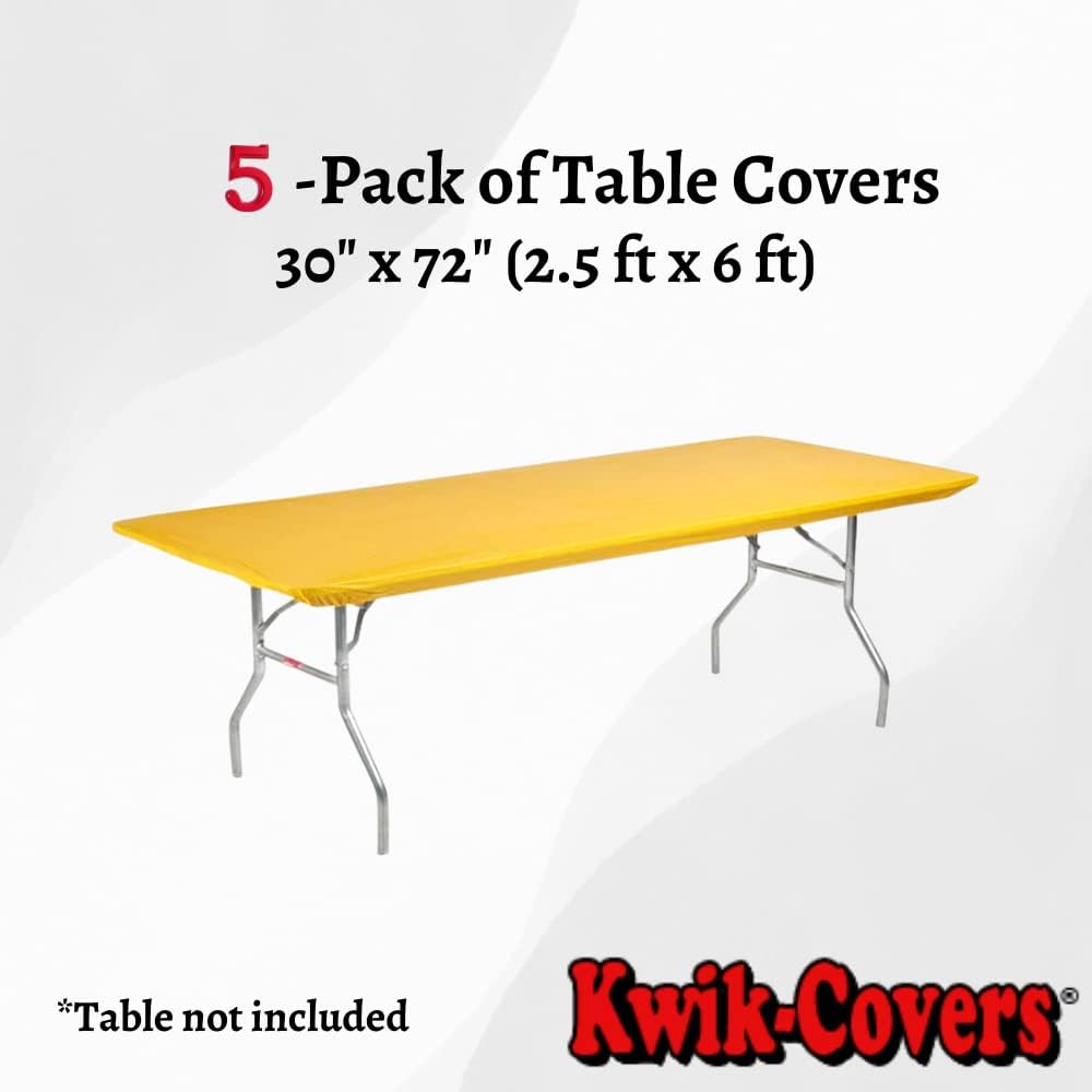 Kwik-Covers Rectangular Plastic Table Covers Bundle of 5 with Seventy (70) Ohm Commerce Paper Napkins - Indoor or Outdoor Fitted Table Covers (Table NOT Included) (30x72, Gold)