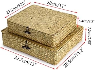 Hipiwe Set of 2 Flat Woven Wicker Storage Bins with Lid - Natural Seagrass Basket Boxes Multipurpose Home Organizer Bins Boxes for Shelf Organizer, Natural color
