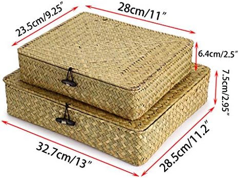 Hipiwe Set of 2 Flat Woven Wicker Storage Bins with Lid - Natural Seagrass Basket Boxes Multipurpose Home Organizer Bins Boxes for Shelf Organizer, Natural color
