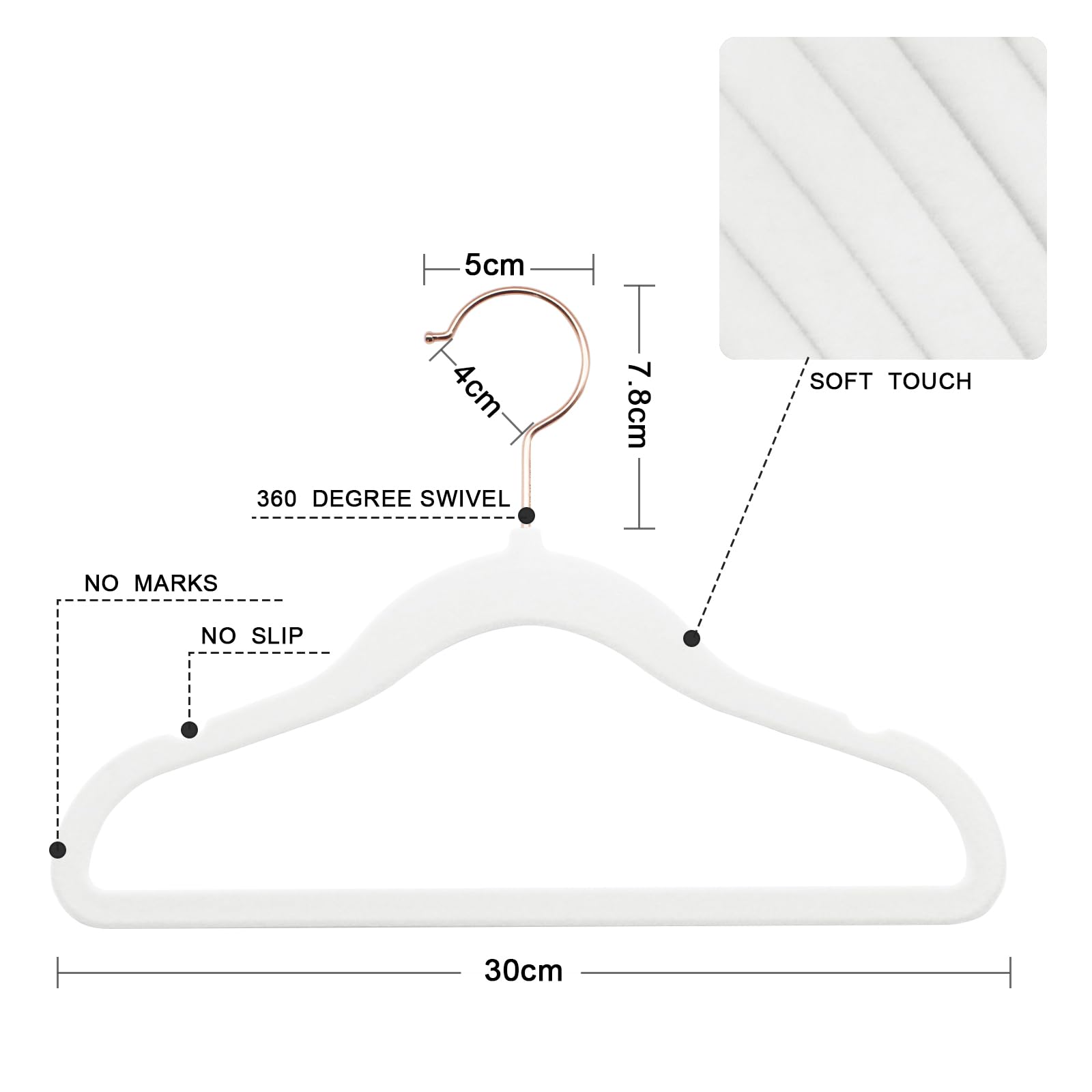 ABHENG 50 Stück Kinderkleiderbügel Samt, Samtbügel für Baby mit 360° Drehbarem Haken, rutschfeste und strapazierfähige mit Krawattenhalter, 30B x 20,5H cm, Weiß, AFY0350W