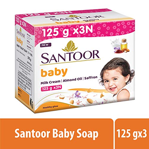 Image of Santoor Baby Soap with Milk Cream, Saffron and Almond Oil, 125g (Pack of 3) & Santoor Perfumed Body Lotion for Whitening & UV Protection with Sandalwood & Sakura Extracts, 250ml (Buy 1 Get 1)