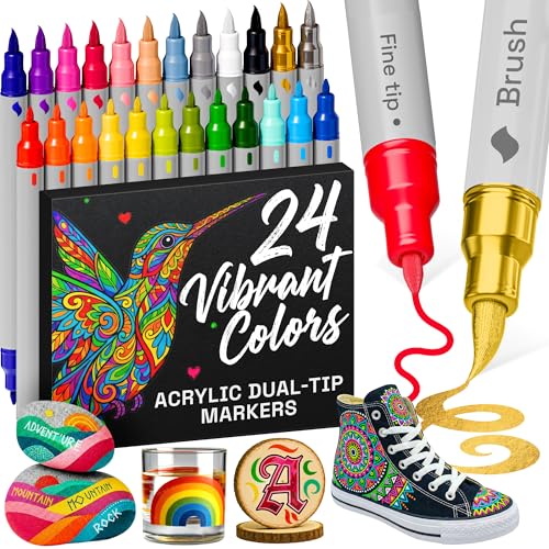 ARTISTRO 24 Acrylic Paint Markers - Paint Pens for Calligraphy, Brush + Fine Tips - For Fabric, Rock, Glass, Wood, DIY, Craft, Canvas - Art and Craft Supplies for Adults, Teens, Kids
