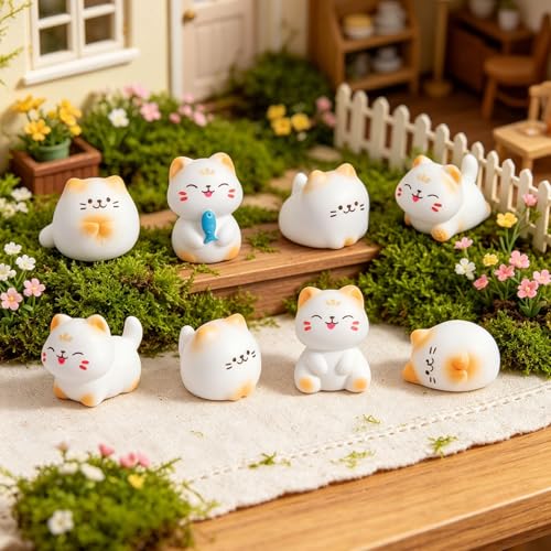 Image of Mini Resin Cats, 8-Piece Set of Small Cat Figurines for DIY Craft Projects, Fairy Garden Decoration, Cat Cake Toppers, White Resin Cat Miniature Figures with 2.5 cm Size