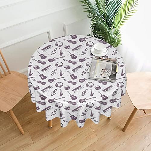 SARNFANS Music Tablecloth,Musical and Notes Guitar Keyboard,Round 60 x 60 Inch Table Cover Polyester Stain and Wrinkle Resistant Table Cloth for Kitchen Dining Coffee Party,White
