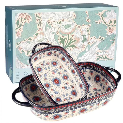 Polish Pottery Style Ceramic Baking Dish Set, 2-Piece Casserole Bakers for 2–3 People, Floral Decorative Bakeware, Oven Safe Lasagna Pan, Microwave Dishwasher Safe, Gift-Ready, Protective Packaging