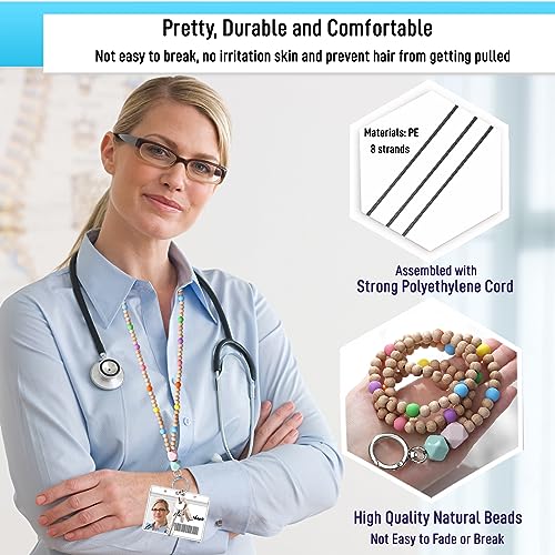 Image of Teacher Lanyard Lanyards for ID Badges Keys Women Wood Silicone Beaded Lanyard with ID Holder Work Jewelry
