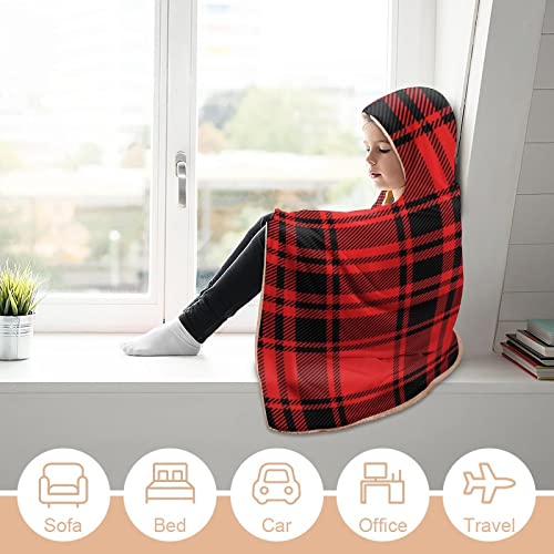 Red And Black Buffalo Scottish Tartan Plaid Checkered Wearable Hooded Blanket Soft Plush Cosplay Blanket Throw Cloak Shawl Wrap Nap Quilt #TOP4