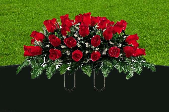 Large Artificial Roses Cemetery Flowers - Realistic - Outdoor Grave Decorations - Non-Bleed Colors - Saddle for Headstone,Outdoor Tombstone Memorial Decorations, Easy Fit (Red) image 1