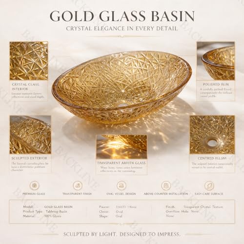 Image of B Backline Glass Basin For Bathroom | 100% Pure Glass Basin | Premium Tabletop Countertop Wash Basin For Bathroom | 7-Year Warranty (Gold) (20 x 14 x 6 Inch)