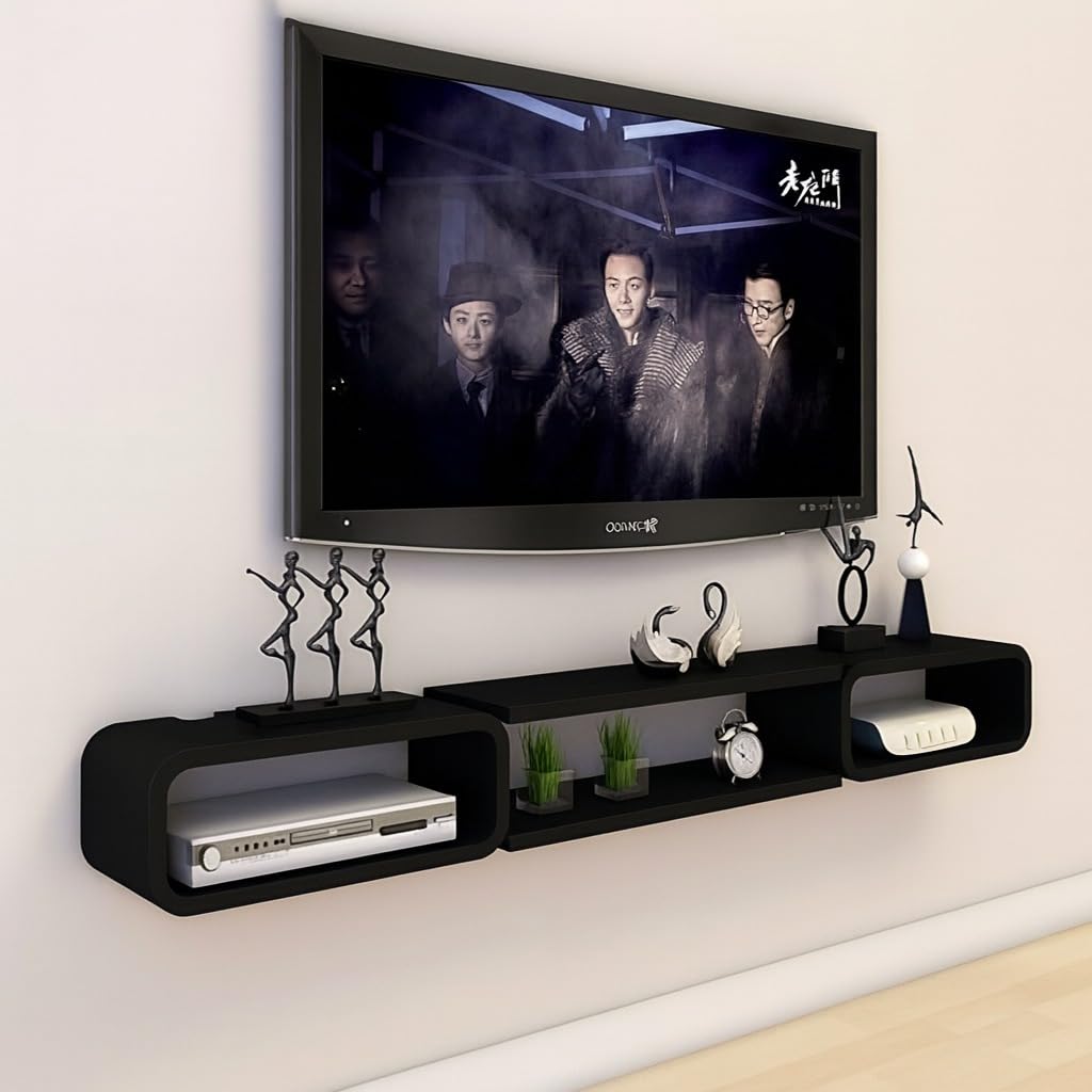 Wooden Wall-Mounted TV Entertainment Unit, TV Cabinet with Book and Decor Display Shelves, and Contemporary Set-Top Box Stand for Living Room, Bedroom, or Office (BLK)-picture-12