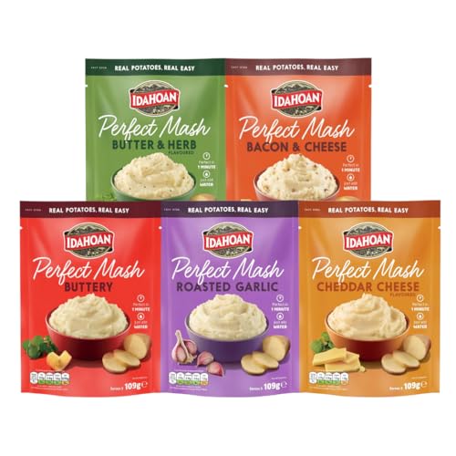 Idahoan Perfect Mash Potato Variety Pack of 5 x 109g - Instant Mashed Potato Butter & Herb Buttery Bacon & Cheese Roasted Garlic Cheddar Cheese Mashed Potaoes Cooks in 1 Minute Ready To Eat