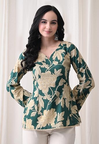 Image of MEERA FAB Women's Summer Floral Printed Cotton Short Kurta Bell Sleeves | Floral Printed Kurta | Short Kurti for Women