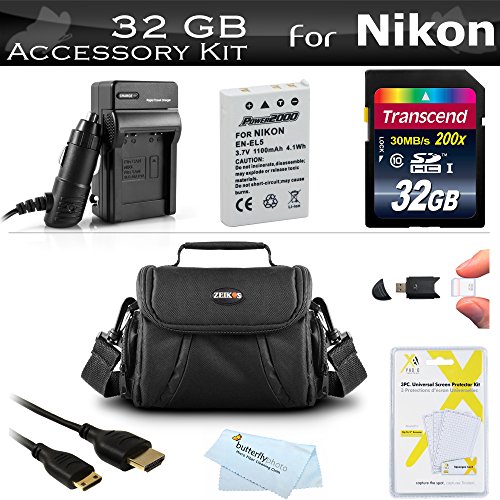 32GB Accessory Kit For Nikon COOLPIX P100 P500 P510 P520 P530 Digital Camera Includes 32GB High Speed SD Memory Card + Extended (1100 Mah) Replacement Nikon EN-EL5 Battery + AC/DC Charger + USB Card Reader + Case + Mini HDMI Cable + More