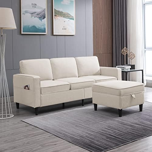 CECER Convertible Sectional Sofa Couch, 3-seat L-Shaped Couch with Storage Ottoman, Couches with Linen Fabric, Chasie Lounge for Small Space-Apartment/Upstairs Loft/Living Room (Beige)