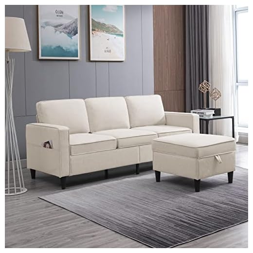 CECER Convertible Sectional Sofa Couch, 3-seat L-Shaped Couch with Storage Ottoman, Couches with Linen Fabric, Chasie Lounge for Small Space-Apartment/Upstairs Loft/Living Room (Beige)