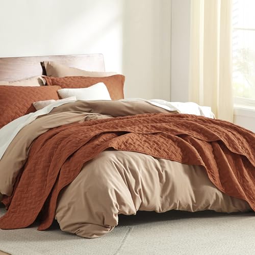 Image of Bedsure Quilts Queen Size - Lightweight Bedspreads Queen Size with Basket Weave Pattern, Soft Quilt Bedding Set, Red Orange Comforter Set Coverlet for All Seasons with 2 Pillow Shams (90 inch x 96 inch)