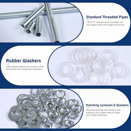 Image of Lamp Repair Hardware Kit-5 Size Thread Lamp Pipe Nipples,20 Lock Nuts,3 Type of Washers,Total 60 Pieces Lamp Repair Hardware Assortment Pack,Perfect for Assembly Lamp and Lamp DIY (Silver)