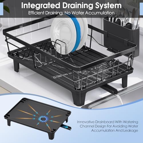 Urackify Dish Drainers for Kitchen Counter - Large Capacity Dish Drying Rack with Drainboard, Rustproof & Sturdy Design, Black Dish Rack Perfect for Plates, Cups & Kitchen Countertop Organization