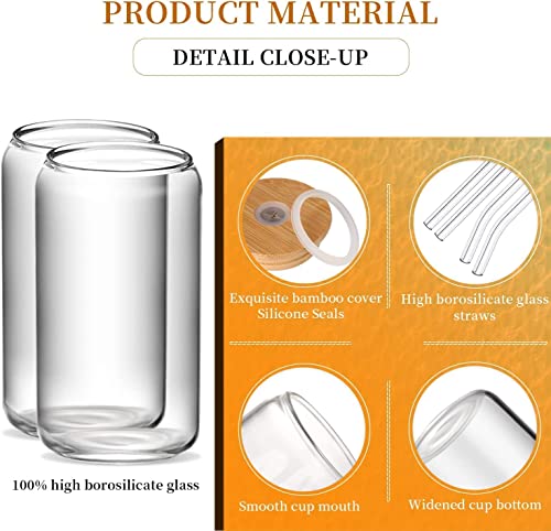 image for KIVISOYI Drinking Glasses with Bamboo Lids and Glass Straw, 6PCS 16oz 