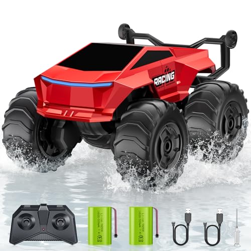 Remote Control Car RC Truck 1:16 Plus, 4WD Waterproof Amphibious RC Car All Terrain Pickup,2.4GHz Remote Monster Truck with 360° Rotating Standing Stunt Toy Car for Kids Boy Girl 4-7 8-12 Ages,Red