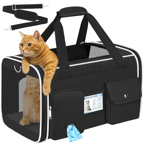 TEUEN Sac Transport Chat Chien Approuvé Aviation - Caisse de Transport Pliable jusqu'à 9kg,Tissu Oxford Respirant 600D, Matelas Amovible Lavable + Laisse...