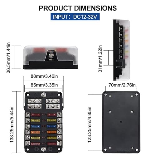 12V Fuse Block, 12 Way Marine Fuse Box Holder With Negative Bus Automotive Blade Fuses Box, 12 Circuits Fuse Block Waterproof With Led Indicator Sticker For Marine Car Boat Rv Truck #TOP6