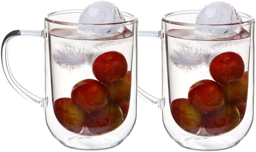 ComSaf Double Walled Glass Mugs (380ml), Transparent Borosilicate Glass Cups with Handle for Tea, Coffee, Latte, Cappuccino/Beverages, Pack of 2