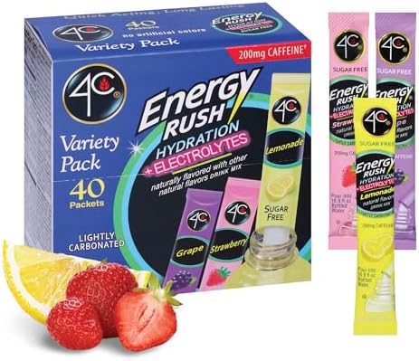 4C Energy Rush Electrolyte Drink Mix Variety Pack, 40 Sticks, 3 Flavors