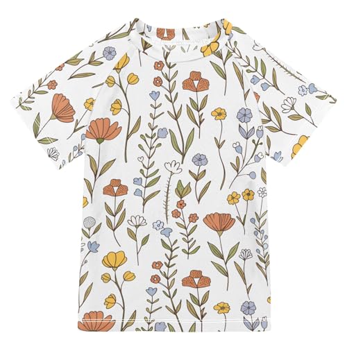 ALAZA Kids Rash Guard Toddler Swim Shirt Boy Girls Wildflowers Hand Drawn UPF 50+ Short Sleeve 4T
