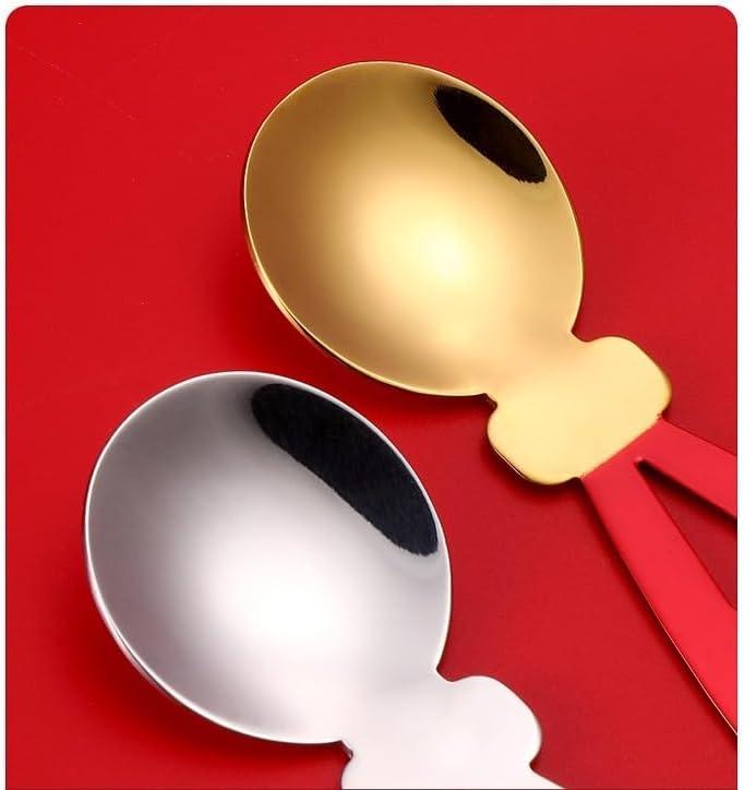 Silverware Flatware Set, 1/4/6/8/10/12 Pieces Stainless Steel Spoons, Double Happy Round Spoons, Dessert Spoons, Festive Supplies, Creative Gift Spoons(Blue Gold,12Pcs)