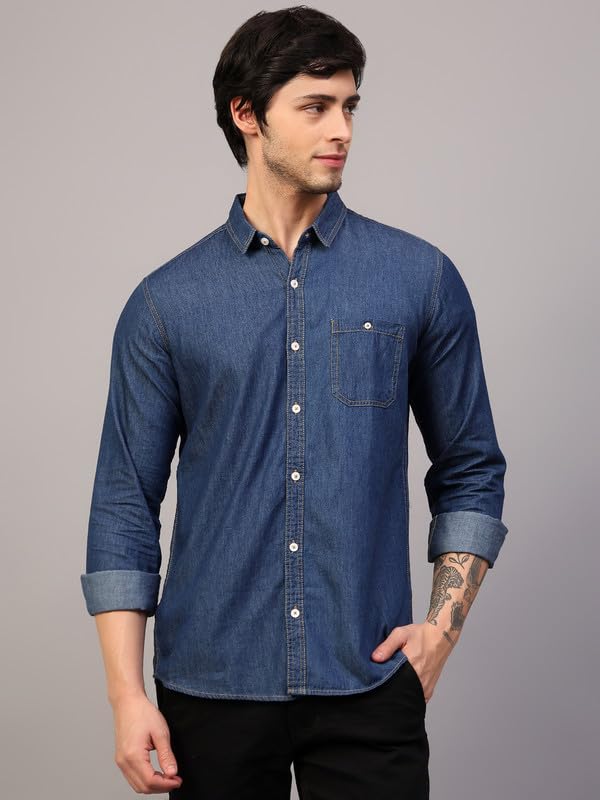 Image of Men's Denim Shirt with Regular Fit Solid Pattern Long Sleeve Collared Neck and Button Down Closure|Men Denim Shirt