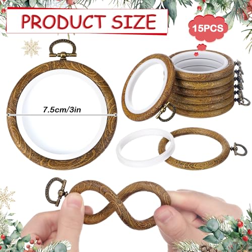 Image of Burbell 15 Pcs 2.4 Inch Round Embroidery Hoops Frame Circle Rubber Hoops Ring Display Cross Stitch Ornament Imitated Wood Frame Kits for Spring Gifts Mother's Day Craft Sewing DIY Hanging Gifts