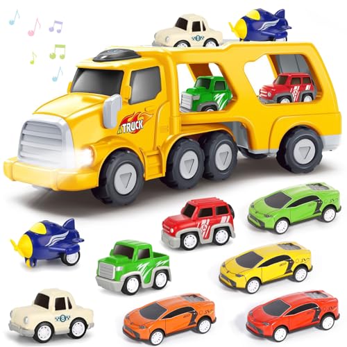 RDDAIPE 9 en 1 Camion Transporteur Voiture 1 2 3 4 5 Ans, Camion de Transport Voiture avec Sons et Lumières, Jouet Camions Enfant Fille Garçon, Jouet Cadeau Enfant 1 2 3 4 Ans