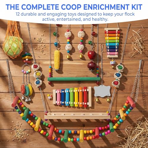 Image of Little World Chicken Toys Complete Set of 12 - All-in-One Chicken Coop Accessories with Xylophone, Swing, Chicken Mirror, Ladder, Vegetable String Bag & Hanging Feeder Coop Toy for Happy Hens